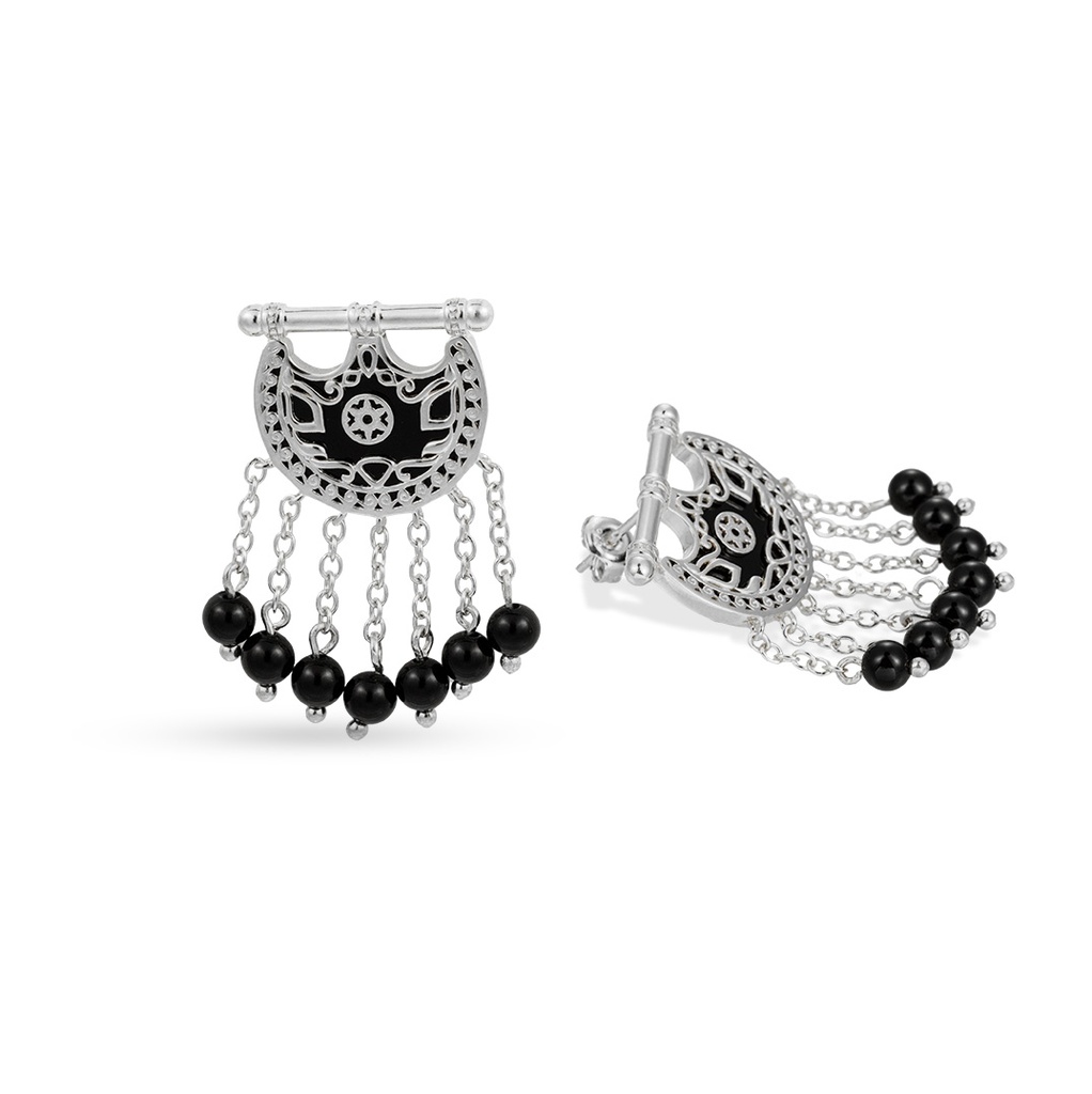 Kahila's Silver Earring with Black Onyx Stone and Drop (KC109)