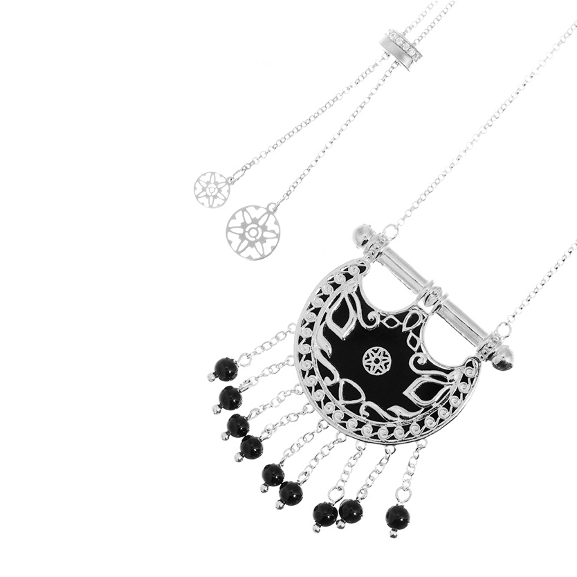 Kahila's Silver Necklace with Black Onyx Stone and Drops -Small (KC106)