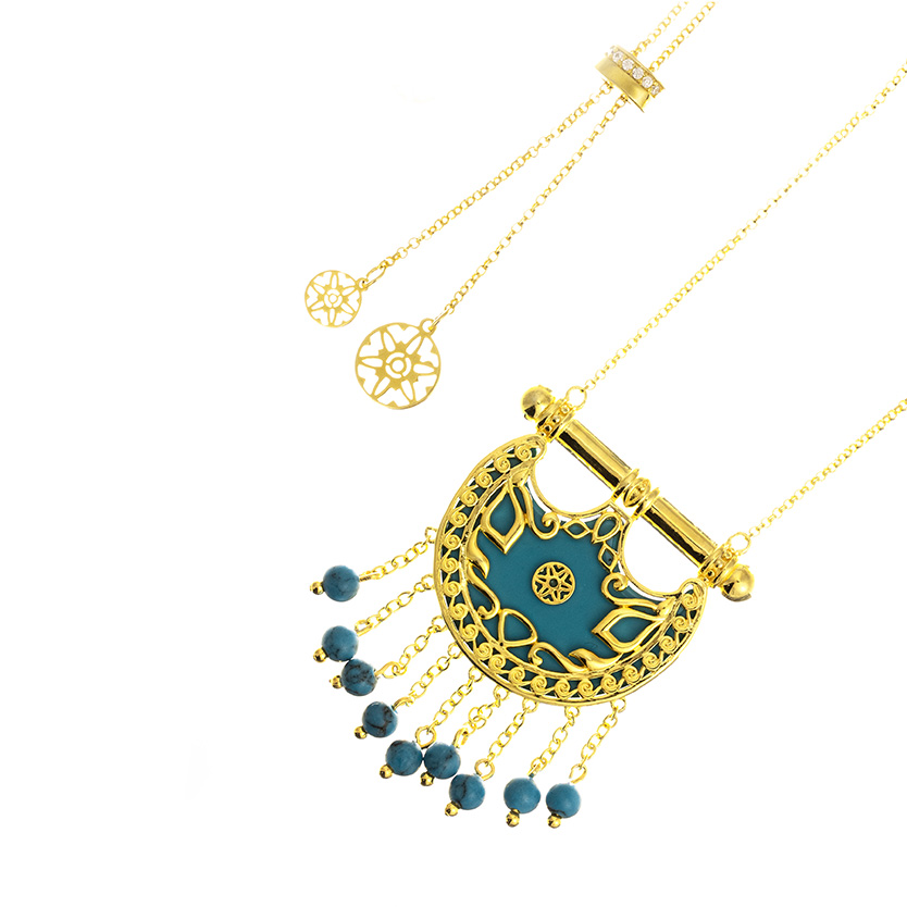 Kahila's Gold - Plated Silver Necklace with Turquoise Stone and Drops - Large (KC93)