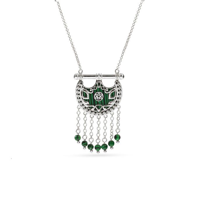 Kahilah's Silver Necklace with Malachite stone and drops-small (KC35)