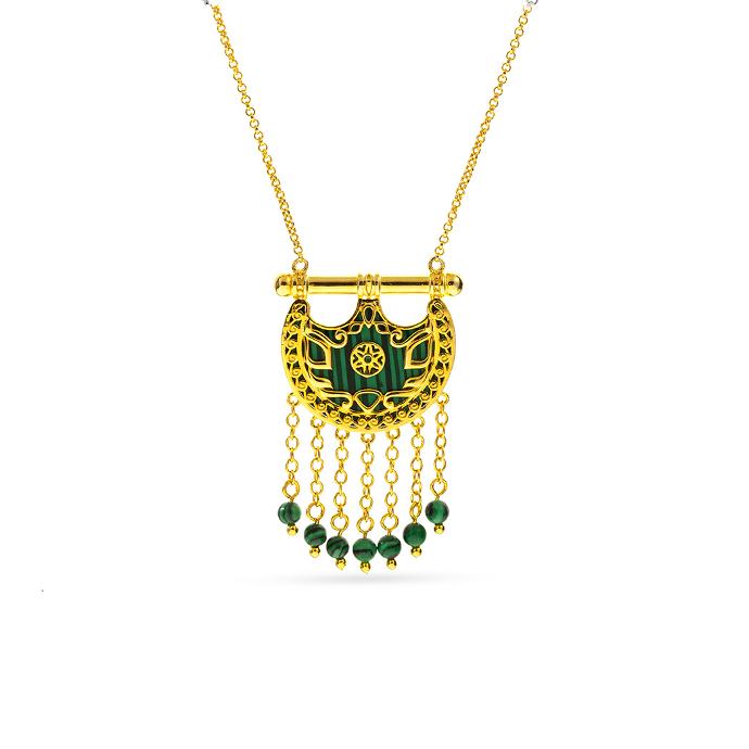 Kahilah's Gold-Plated Silver Necklace with Malachite stone and drops-small (KC36)