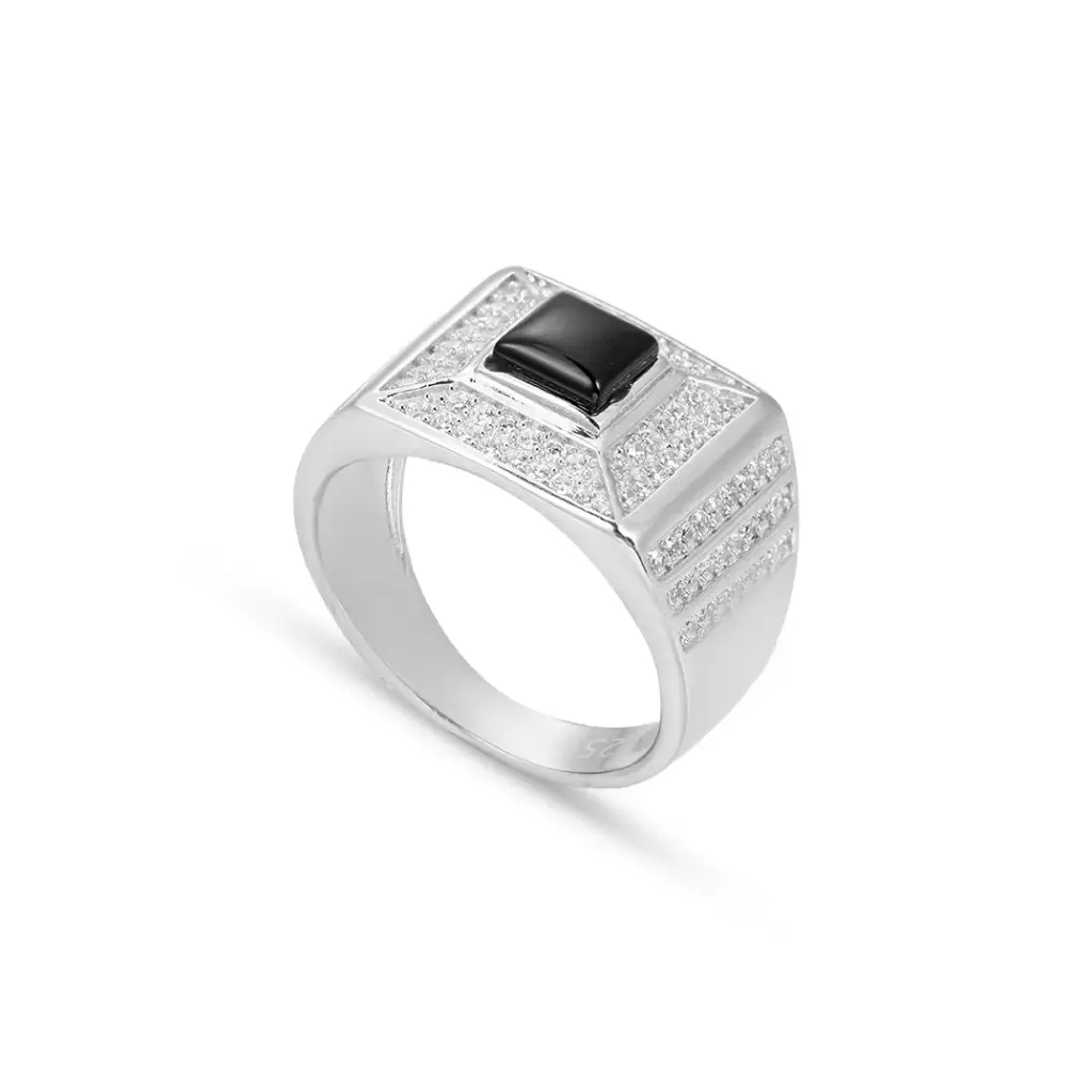 Men Silver Ring, Black Stone (S-6946)