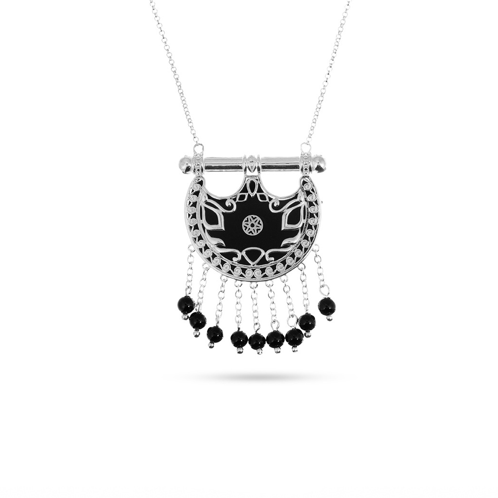 Kahila's Silver Necklace with Black Onyx Stone and Drops - Large (KC103)
