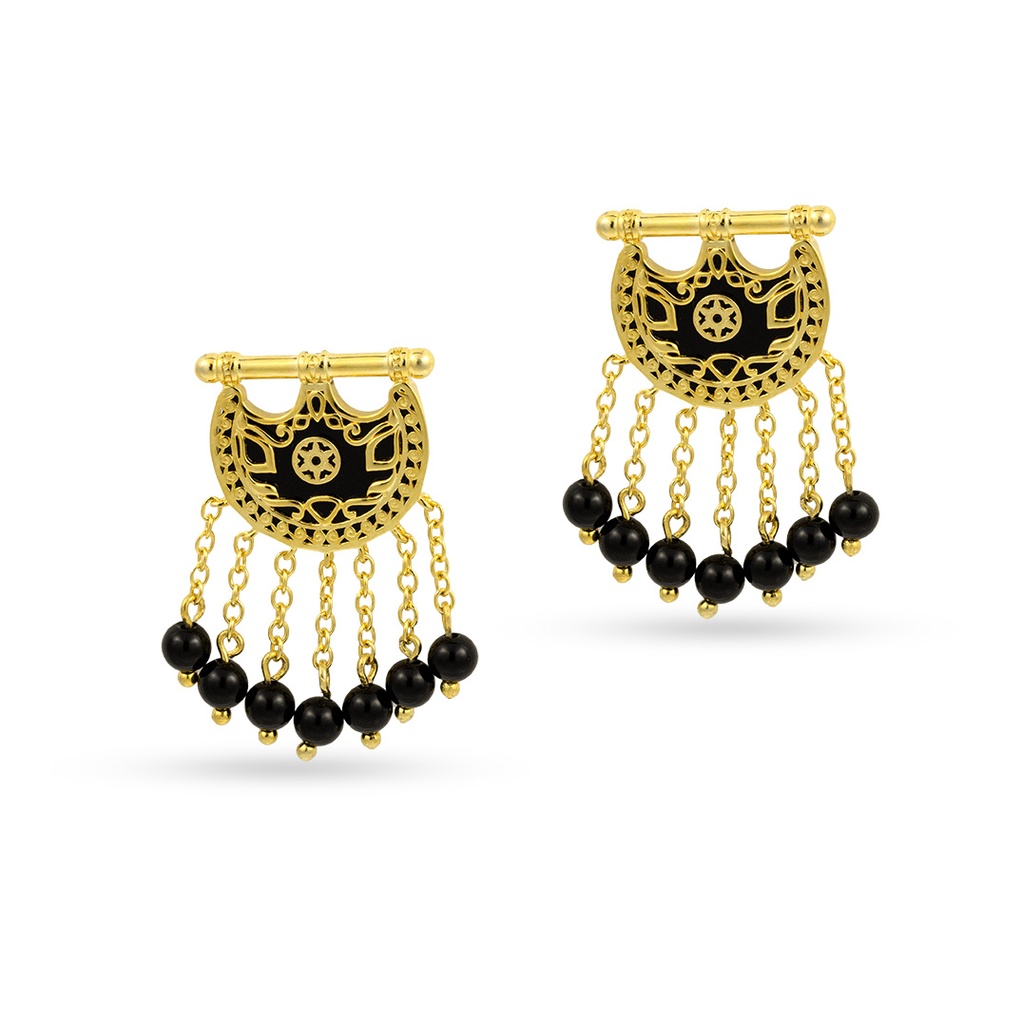 Kahila's Gold - Plated Silver Earring with Black Onyx Stone and Drop (KC112)