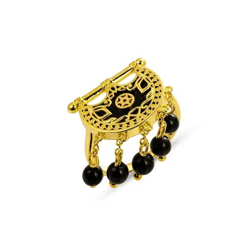 [H04061] Kahila's Gold - Plated Silver Ring with Black Onyx Stone and Drop (KC116)