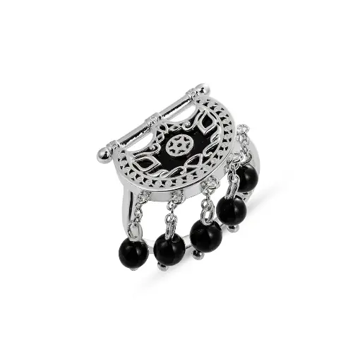 [H04030] Kahila's Silver Ring with Black Onyx Stone and Drops (KC97)