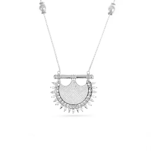 [H04524] Kahila's Zircon Spiky Pearl Silver Necklace - Small (KC126)