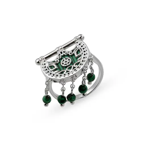 [p8865] Kahilah's Silver Ring with Malachite stone - with drops (KC16)