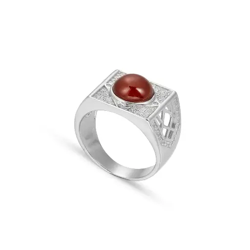 Men Silver Ring, Red Stone (S-6929)