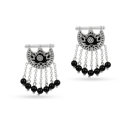 [H04042] Kahila's Silver Earring with Black Onyx Stone and Drop (KC109)